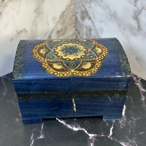 Handcrafted Blue Wooden Keepsake Box with Mandala Design & Red Felt Interior